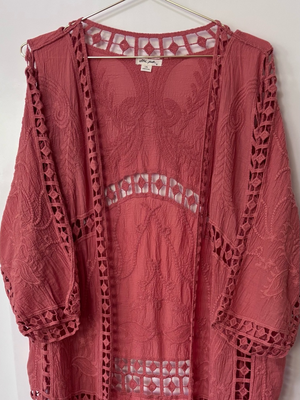 Ultra Pink| Boho Rose Pink Crochet Open-Front Kimono Duster Cover Up Sz L/XL